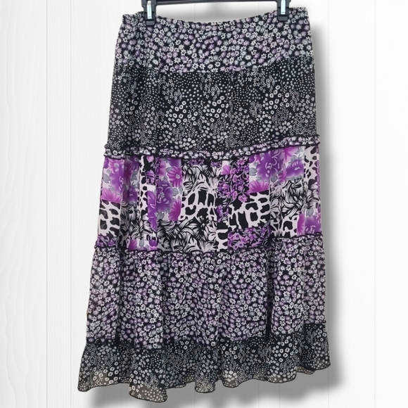 Elementz Women's Purple Floral Pleated Stretch A-line Maxi Dress Size Large - Picture 2 of 4